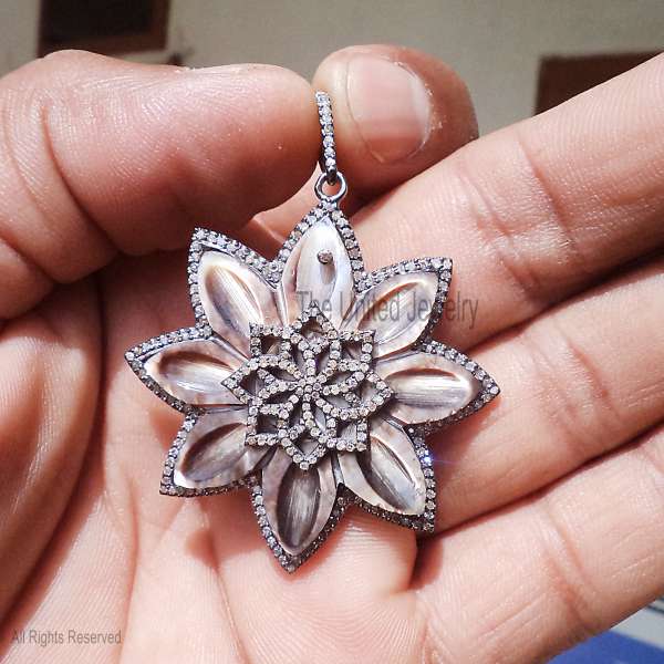 Sterling Silver Mother of Pearl Lotus Pendant - Oxidized 925 Silver Flower Charm