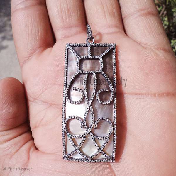 925 Sterling Silver Mother of Pearl Rectangle Pendant | Pave Diamond Scrollwork Medallion