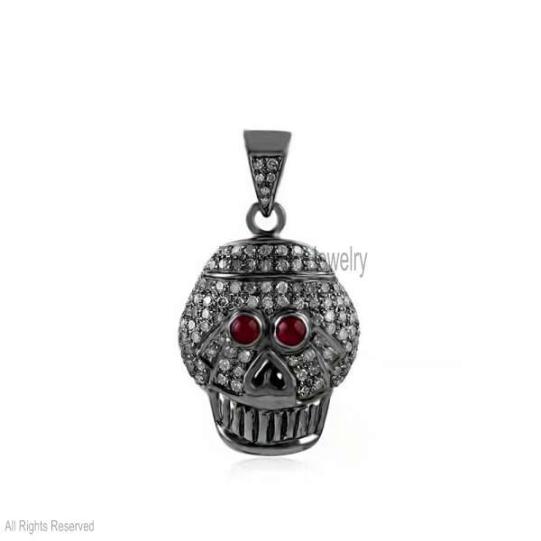 925 Sterling Silver Skull Pendant with Red Ruby Eyes & Pave Diamonds