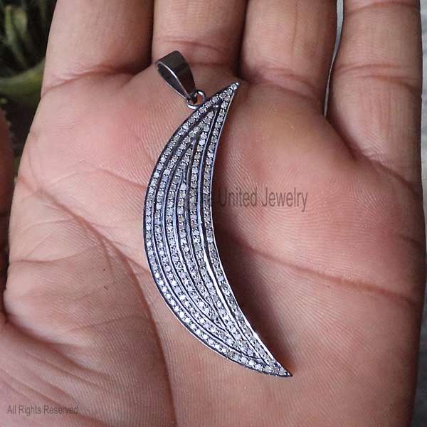 Sterling Silver Crescent Moon Pendant - Oxidized 925 Silver Pave Stone Charm