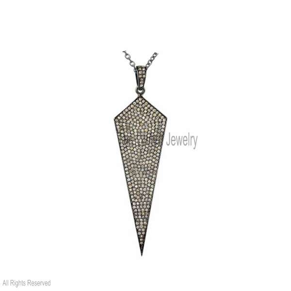 925 Sterling Silver Geometric Spike Pendant – Pave Diamond Spearhead Necklace