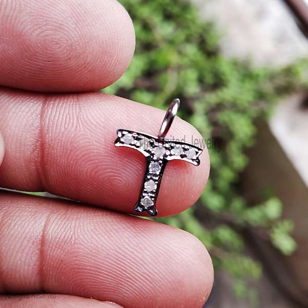 Sterling Silver Initial "T" Pendant - Oxidized 925 Silver Pave Stone Charm