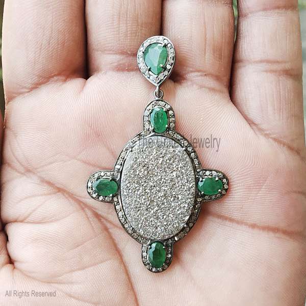 Emerald & Pave Stone Oval Statement Pendant - Oxidized 925 Sterling Silver