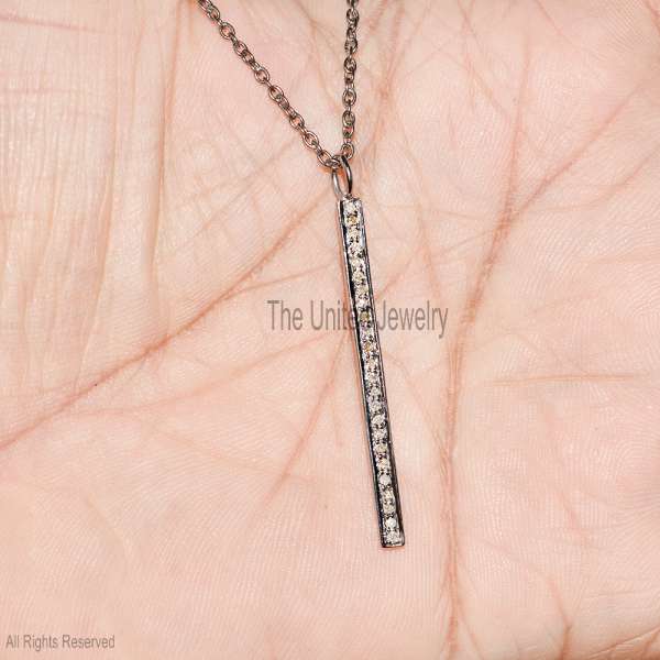 925 Sterling Silver Vertical Bar Pendant – Pave Diamond Minimalist Necklace