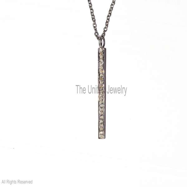 925 Sterling Silver Vertical Bar Pendant – Pave Diamond Minimalist Necklace