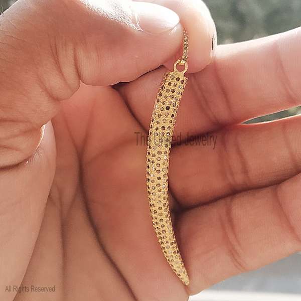 Gold Vermeil 925 Sterling Silver Pave Italian Horn (Cornicello) Pendant