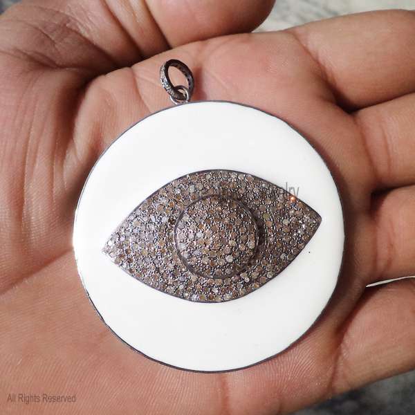 925 Sterling Silver Large White Enamel Evil Eye Pendant