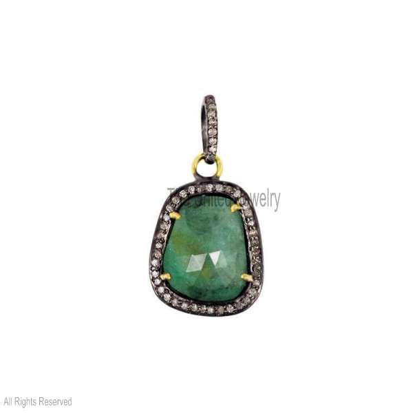 925 Sterling Silver Raw Emerald Slice Pendant – Pave Diamond Halo Necklace
