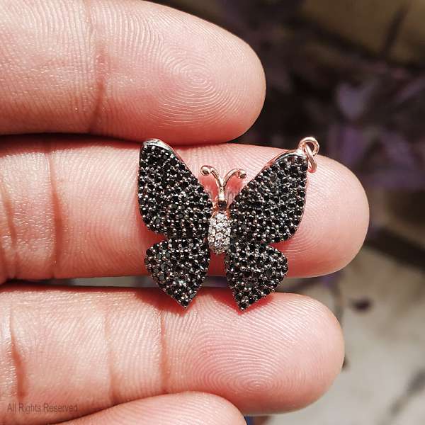 925 Sterling Silver Black & White Pave Butterfly Pendant