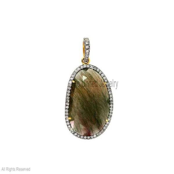925 Sterling Silver Faceted Rutile Quartz Medallion Pendant – Pave Diamond Halo