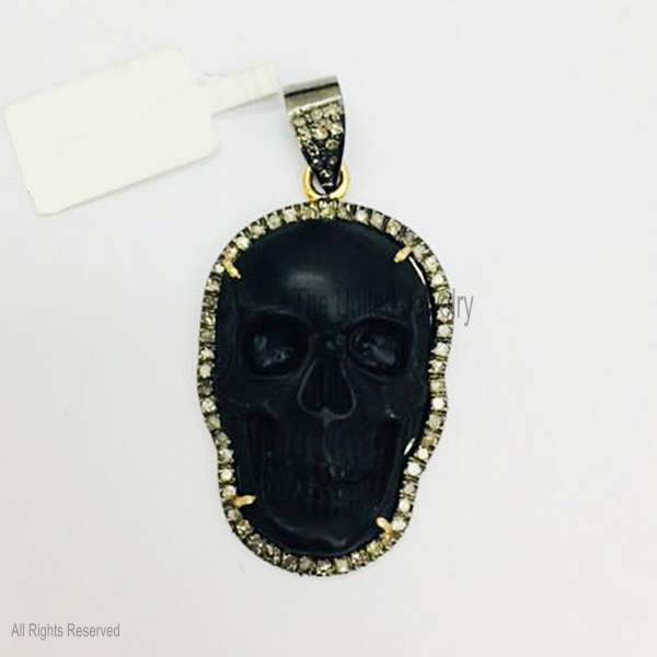 925 Sterling Silver Black Carved Skull Pendant