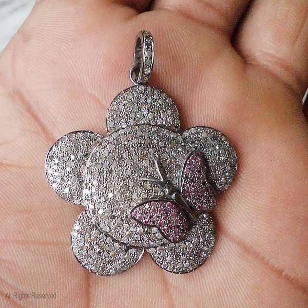 925 Sterling Silver Diamond Flower & Pink Butterfly Pendant