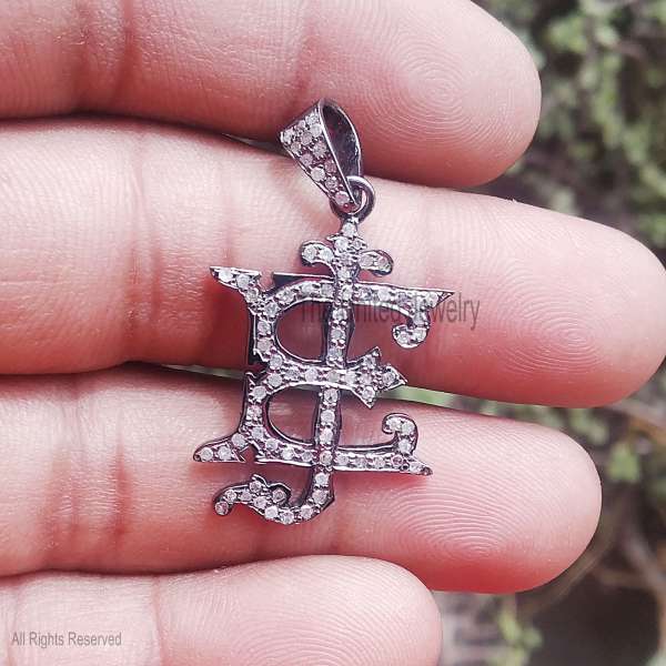 925 Sterling Silver Diamond Gothic Monogram Initial Pendant