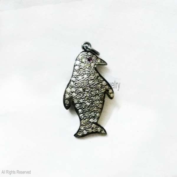 925 Sterling Silver Penguin Pendant with Ruby Eye & Pave Diamonds