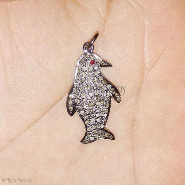 925 Sterling Silver Penguin Pendant with Ruby Eye & Pave Diamonds