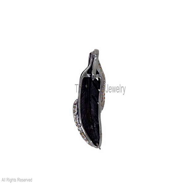 925 Sterling Silver Black Feather Leaf Pendant with CZ Stones