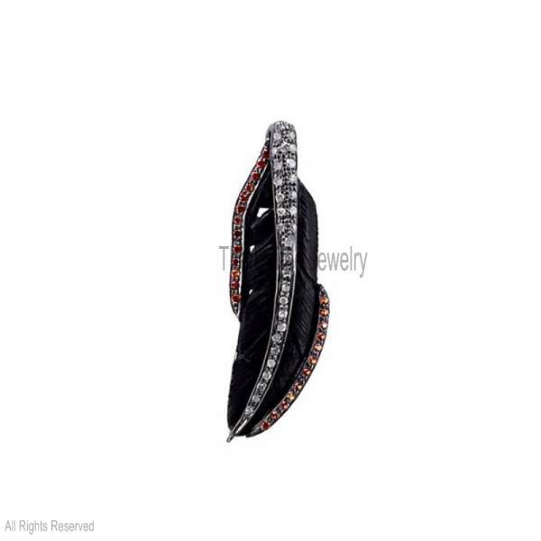 925 Sterling Silver Black Feather Leaf Pendant with CZ Stones