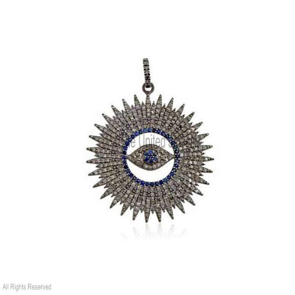 925 Sterling Silver Diamond & Sapphire Evil Eye Sunburst Pendant