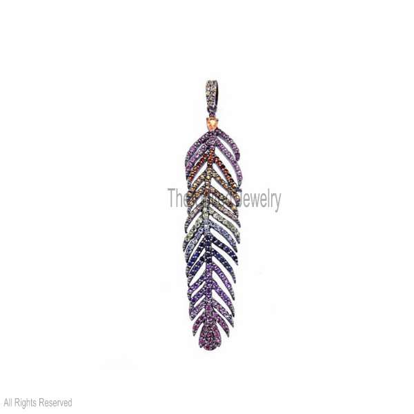 925 Sterling Silver Rainbow Ombré Feather Pendant