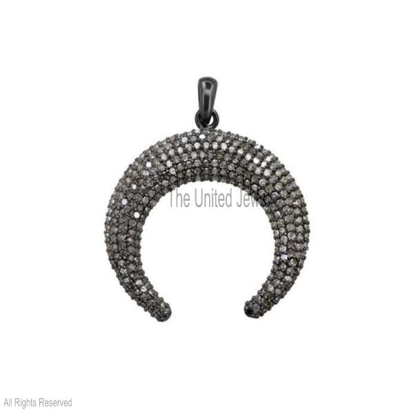 " 925 Sterling Silver Diamond Pavé Crescent Moon Horn Pendant"