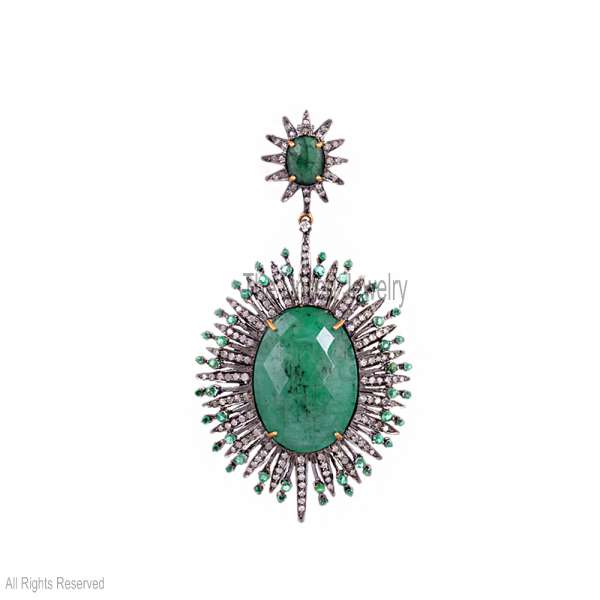 925 Sterling Silver Emerald & Diamond Sunburst Drop Pendant