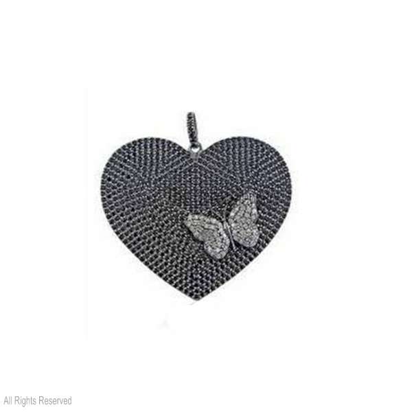925 Sterling Silver Large Pave Diamond Heart & Butterfly Pendant