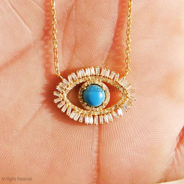 925 Sterling Silver Gold Plated Turquoise & Diamond Evil Eye Pendant 925 Sterling Silver Gold Plated Turquoise & Diamond Evil Eye Pendant