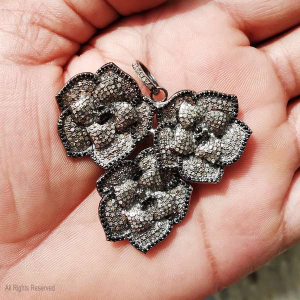 925 Sterling Silver Three Rose Bouquet Pave Diamond Pendant