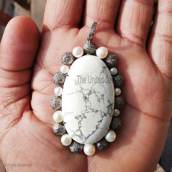 925 Sterling Silver Large White Gemstone Pave Diamond Halo Pendant