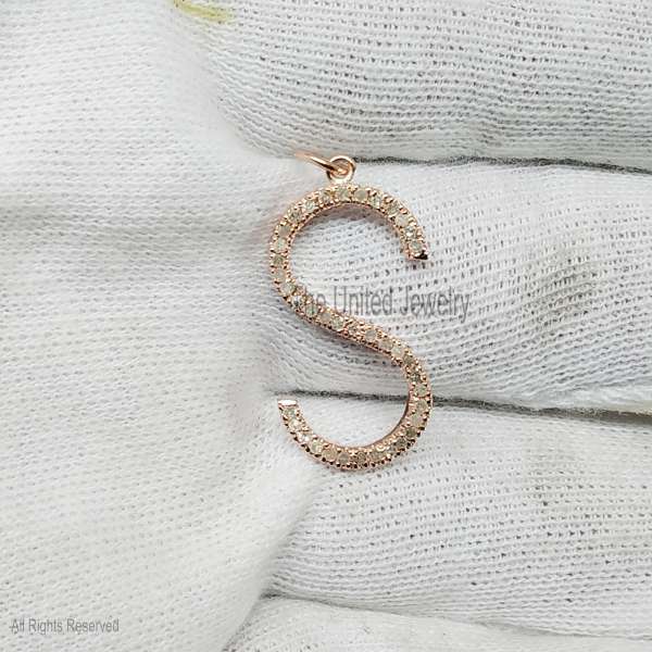 925 Sterling Silver Rose Gold Pave Diamond Initial Letter S Pendant