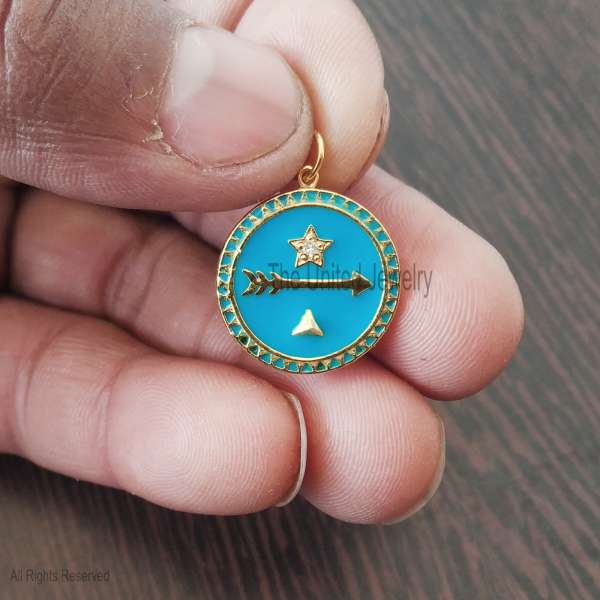 925 Sterling Silver Sky Blue Enamel Arrow & Star Medallion Pendant