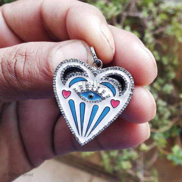 925 Sterling Silver Multicolor Enamel Heart Evil Eye Pendant