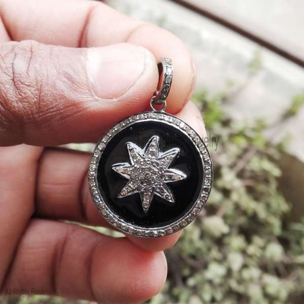 925 Sterling Silver Black Enamel Pave Diamond North Star Medallion