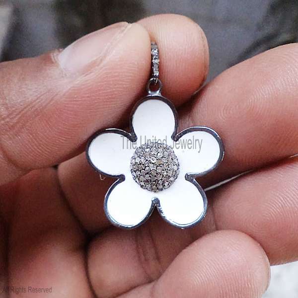 925 Sterling Silver White Enamel Flower Pendant with Pave Diamond Center