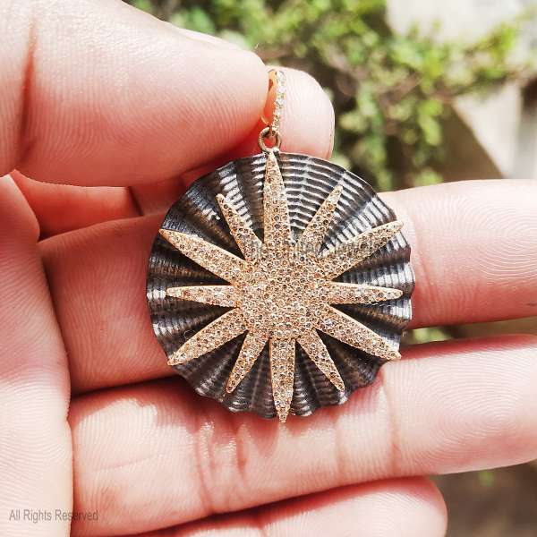 925 Sterling Silver Pave Diamond Pleated Sunburst Medallion Pendant