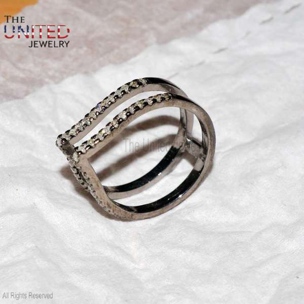 925 Sterling Silver Double Row Pave Set Open Band Ring