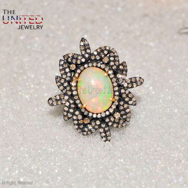 Vintage Floral Ethiopian Opal & Blackened 925 Silver Statement Ring