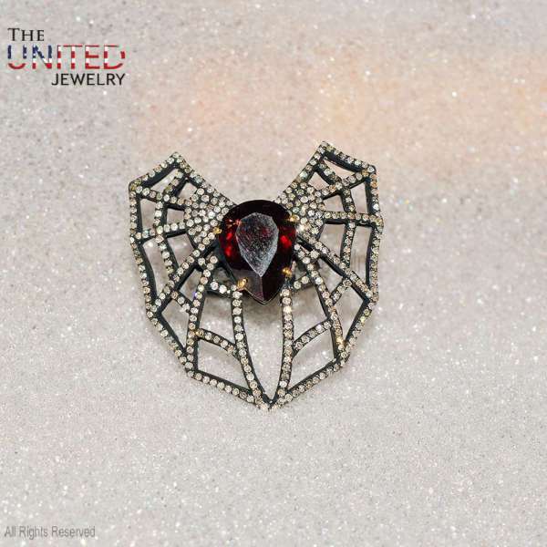 925 Sterling Silver Gothic Spiderweb Statement Ring with Pear-Cut Garnet