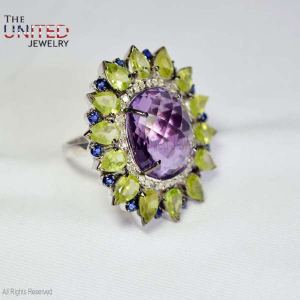 925 Sterling Silver Multi-Gemstone Sunburst Cocktail Ring with Amethyst & Peridot