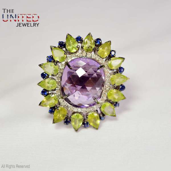 925 Sterling Silver Multi-Gemstone Sunburst Cocktail Ring with Amethyst & Peridot925 Sterling Silver Multi-Gemstone Sunburst Cocktail Ring with Amethyst & Peridot