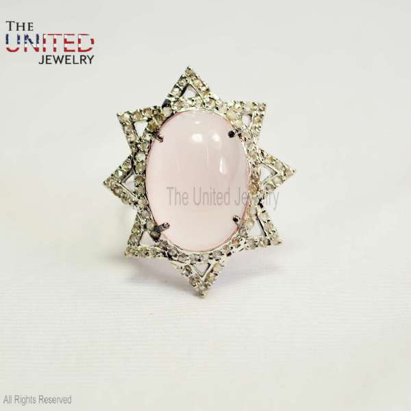 Vintage Star of David Rose Quartz 925 Sterling Silver Statement Ring