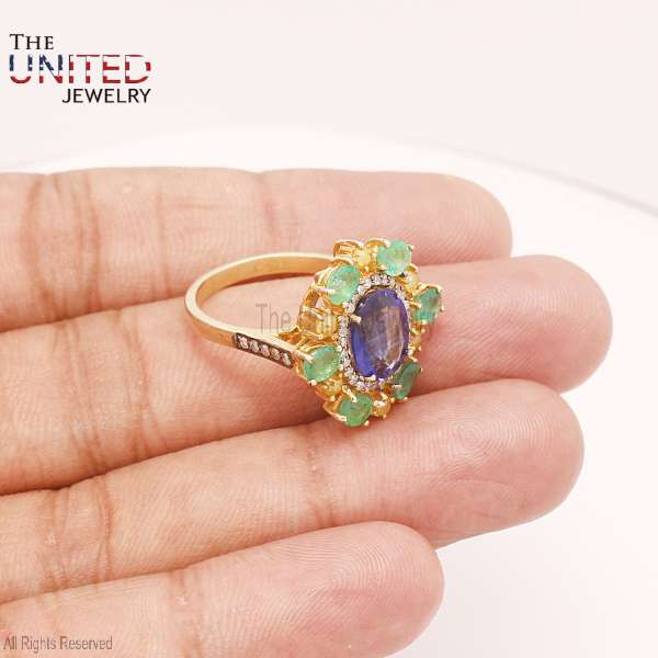 Handmade 925 Sterling Silver Gold Vermeil Blue Sapphire & Emerald Floral Ring