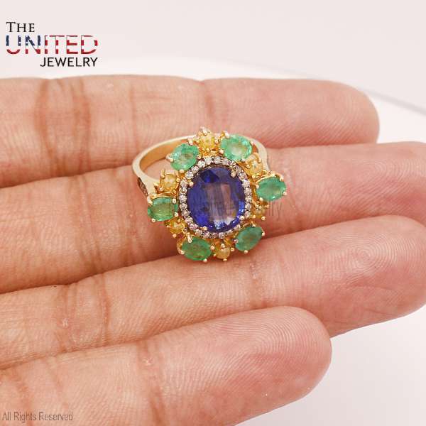 Handmade 925 Sterling Silver Gold Vermeil Blue Sapphire & Emerald Floral Ring