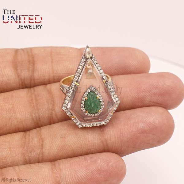 Handmade 925 Sterling Silver Shield Cut Rose Quartz & Carved Emerald Statement Ring