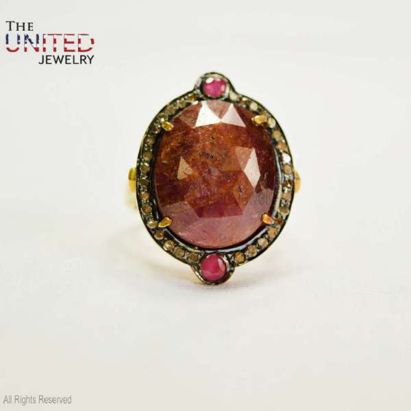 925 Sterling Silver Rose-Cut Ruby Statement Ring with Polki Diamond Halo