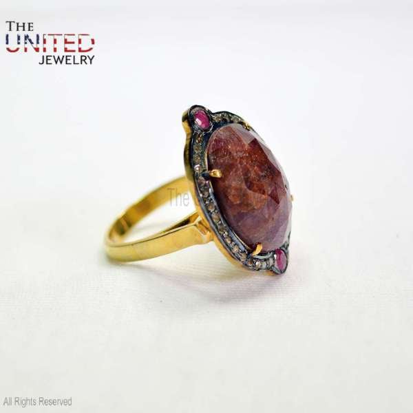 925 Sterling Silver Rose-Cut Ruby Statement Ring with Polki Diamond Halo