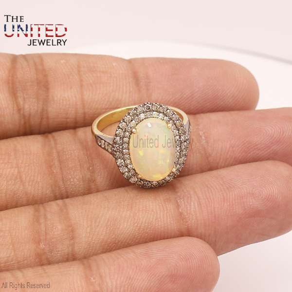 Natural Opal Halo Ring in 14K Gold Over 925 Sterling Silver