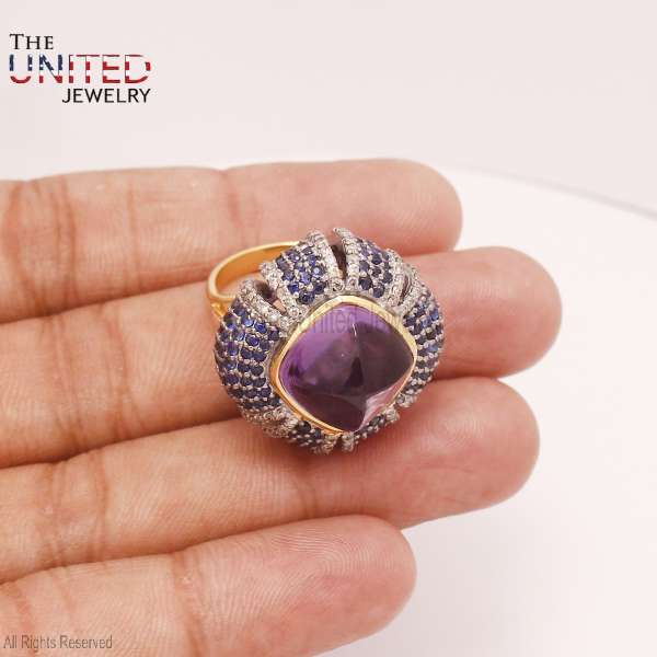 925 Sterling Silver Luxury Amethyst Sugarloaf Dome Ring