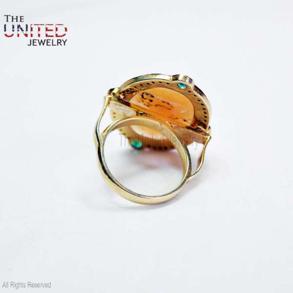 Antique Style Yellow Citrine & Emerald 925 Sterling Silver Cocktail Ring