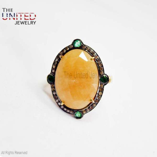 Antique Style Yellow Citrine & Emerald 925 Sterling Silver Cocktail Ring